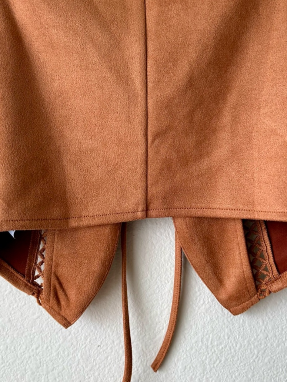 Faux Suede Vest Rustic Burnt Orange Crochet Trim Accent Tie Front Western Small - Picture 7 of 9